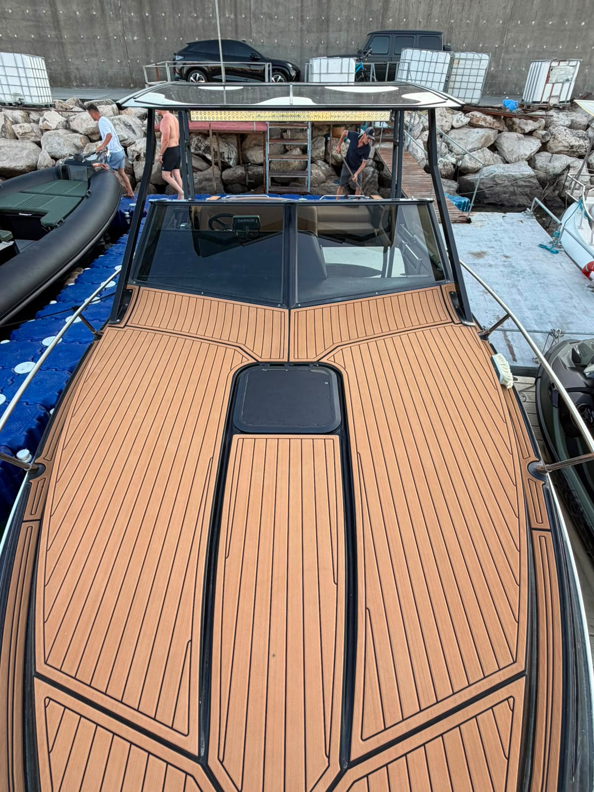 Bow deck and black hardtop seen from above