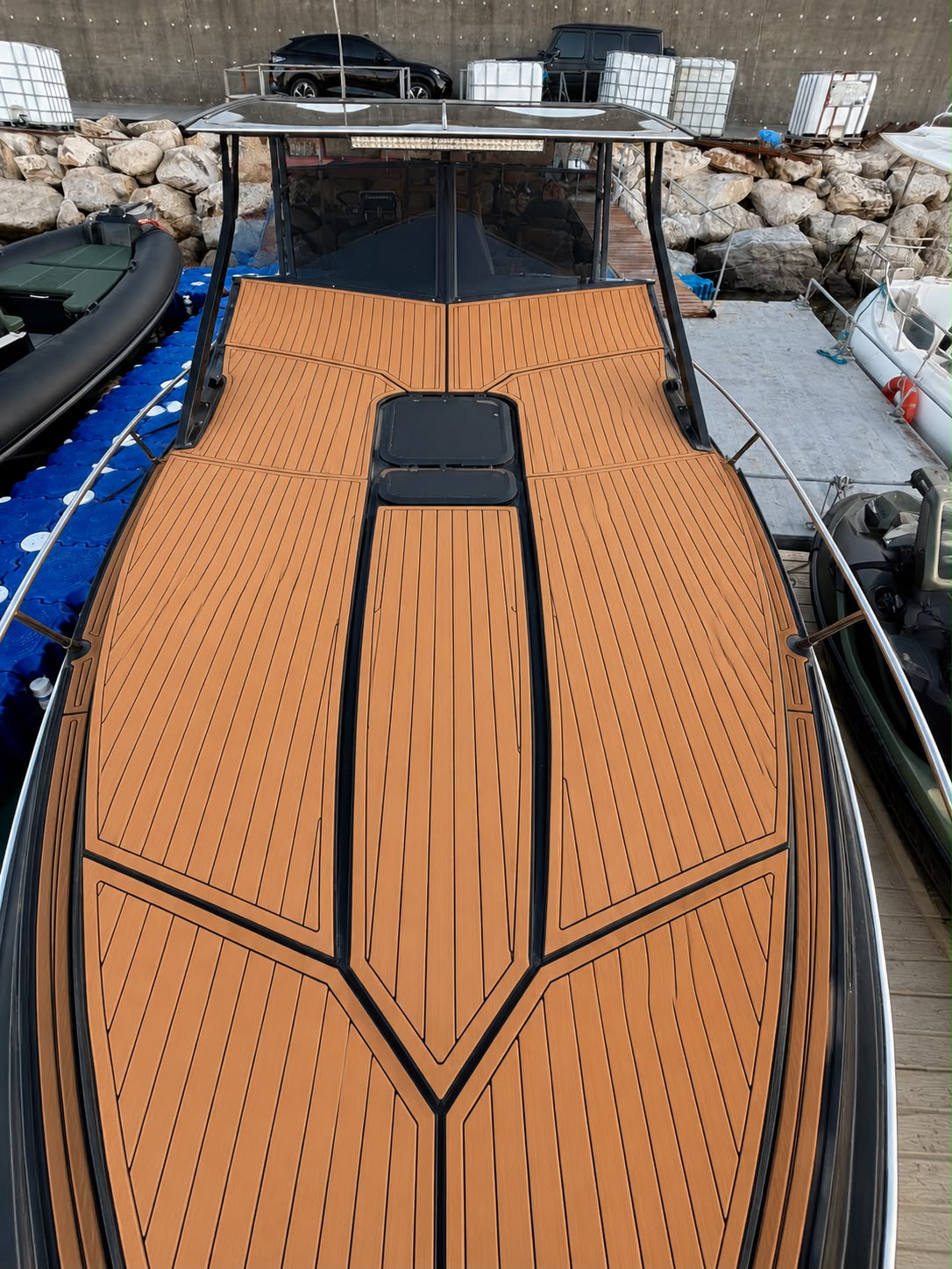 Full teak bow deck from above